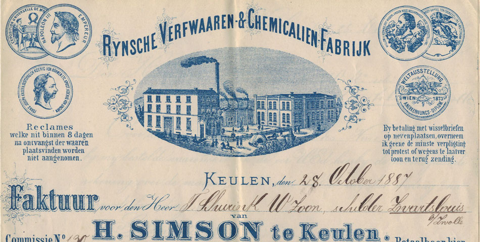 H. Simson, Rynsche Verfwaren en Chemische Fabriek, Keulen, rekening uit 1887