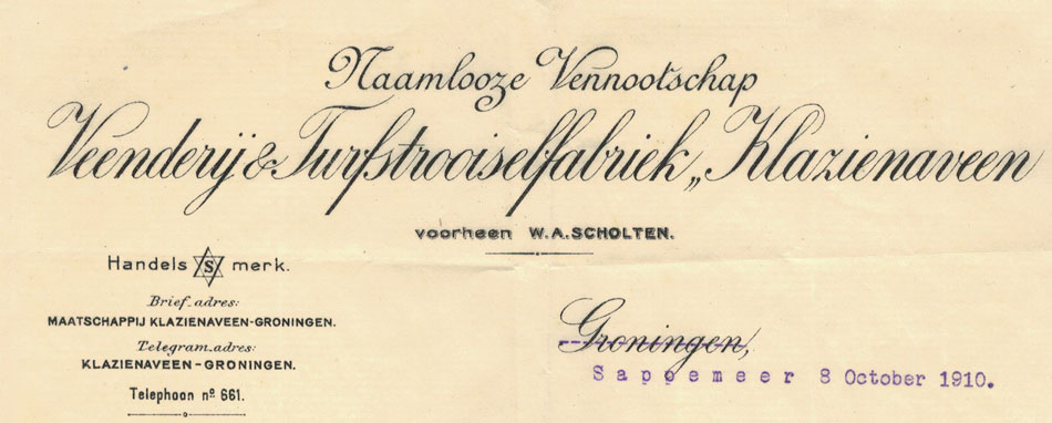 Brief van Veenderij & Turfstrooiselfabriek "Klazienaveen" voorheen W.A. Scholten, uit 1910