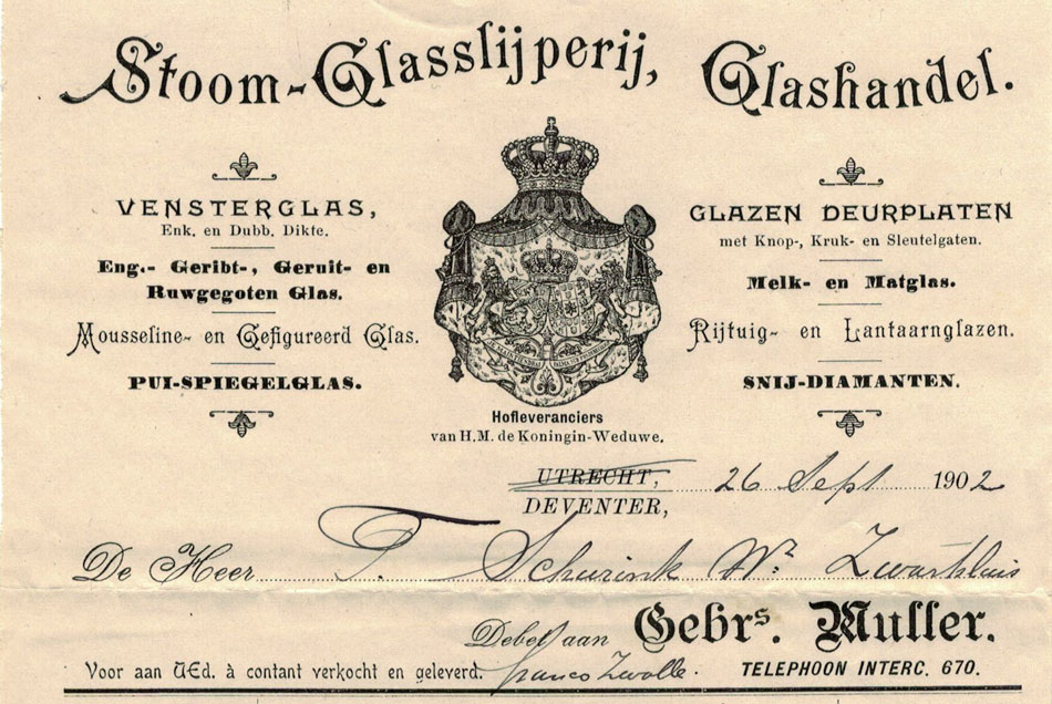 Gebr. Muller, Utrecht / Deventer, nota uit 1902 met rijkswapen