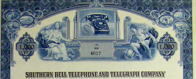 southern Bell Telephone and Telegraph Co. engraving on old certificate