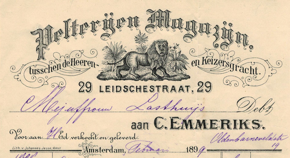 C. Emmerik, Pelterijen en Magazijnen, Amsterdam, 1899, nota met afb. van een leeuw