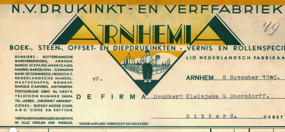 Drukinkt- en Verffabriek Arnhem, rekening uit 1943