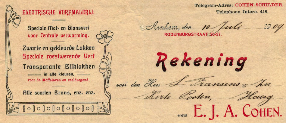 EJA Cohen, verfmalerij, Arnhem, 1909