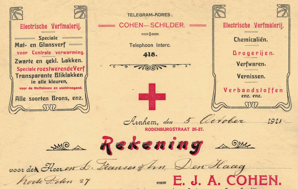 EJA Cohen, Arnhem, verfmalerij, nota uit 1921