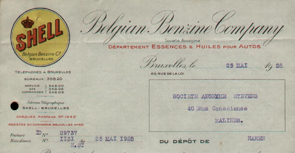 Belgian Benzine Company, brief uit 1928