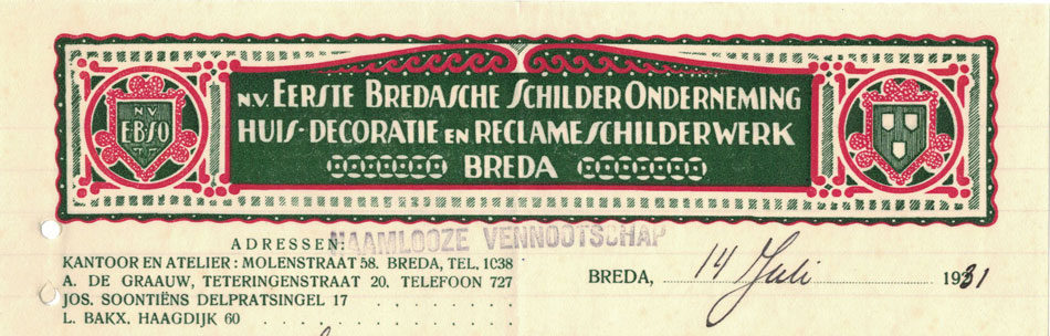 Eerste Bredasche Schilder Onderneming -EBSO, brief uit 1931 met Art Deco hoofd