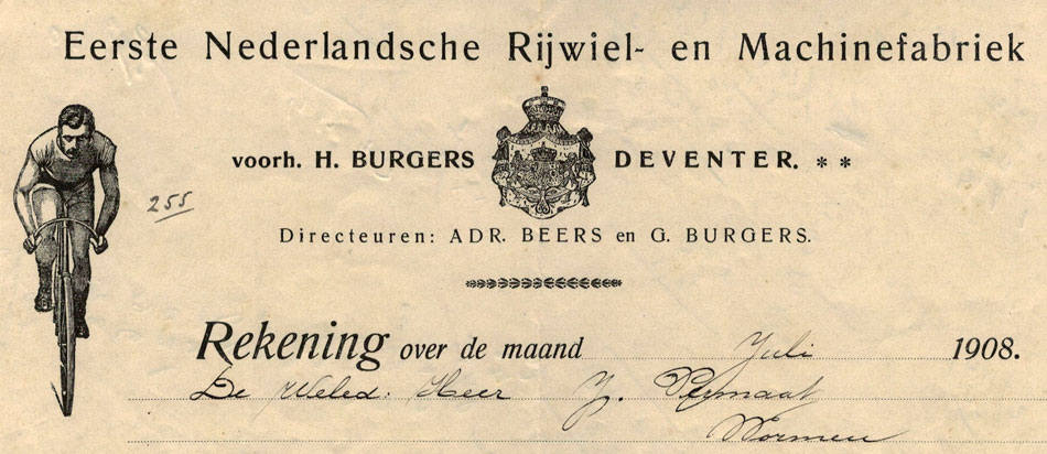 Burgers Rijwielen, Deventer, nota uit 1908