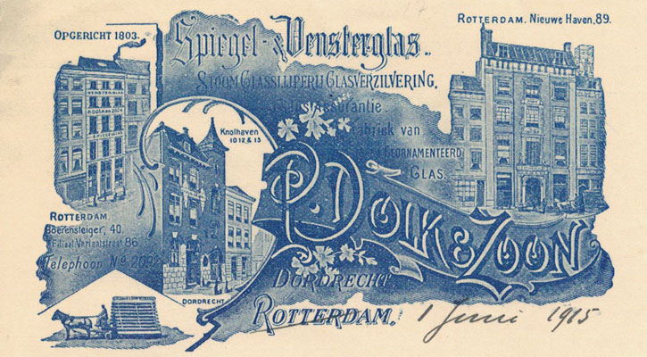 P. Dolk & Zoon, spiegel- en Vensterglas, Dordrecht / Rotterdam, ca. 1910;  rekening