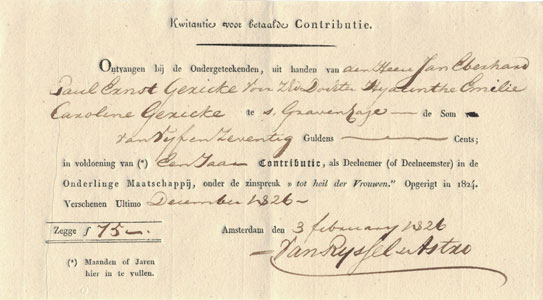 onderlinge Maatschappij onder de zinspreuk "Tot Heil der Vrouwen", kwitantie voor betaald contributie, 1826