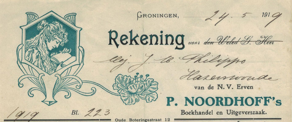 Noordhoff's boekhandel en Uitgeverij, Groningen 1919, nota met Jugendstil-afbeelding