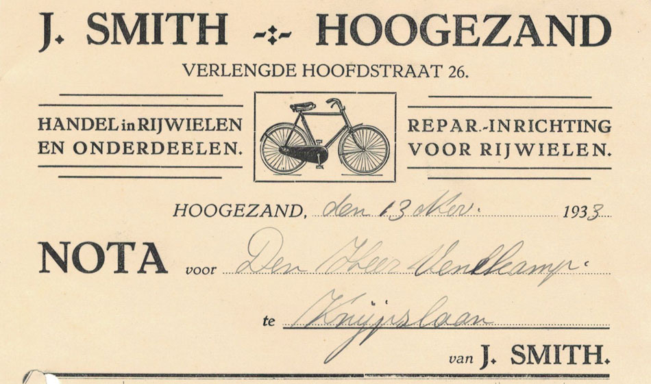 J.Smith, rijwielhandel te Hoogezand, nota uit 1933