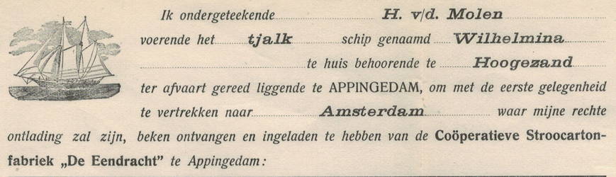 Cognossement van H. van der Molen, Appingedam 1920