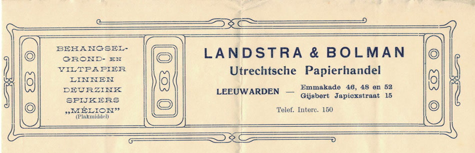 Landstra & Bolman, Utrechtse Papierhandel, Leeuwarden, 1906, factuur met Jugendstil briefhoofd