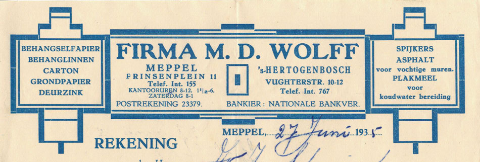 M.d. wolff, Meppel, Behangselpapier, nota uit 1935