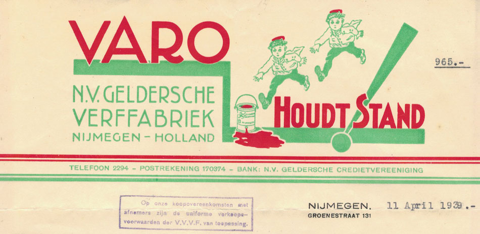 Geldersche fabriek VARO, Nijmegen, rekening uit 1939 met fraai briefhoofd