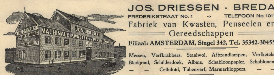 Jos Driessen, fabriek van kwasten, penselen en gereedschappen, Breda, 1927, briefhoofd met gravure van de fabriek