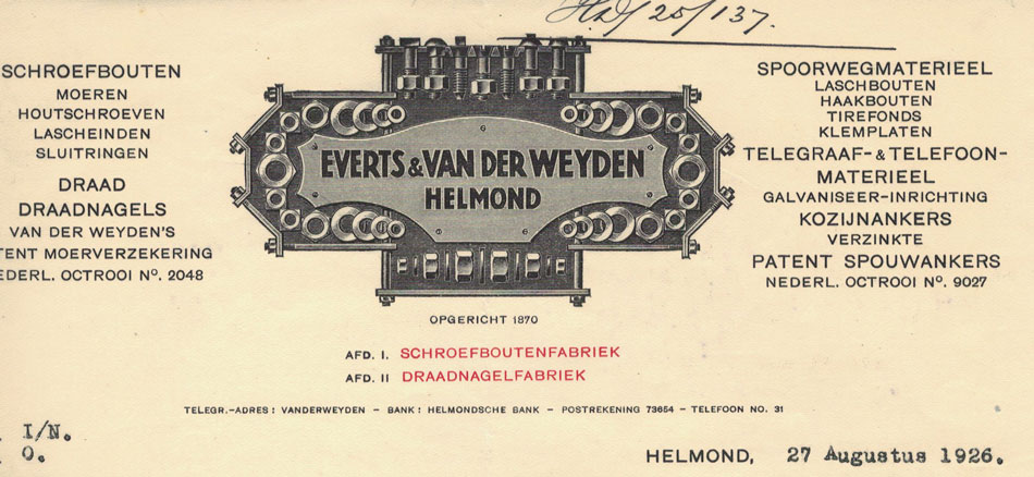 Everts & van der Weyden, Schroefboutenfabriek en Draadnagelfabriek te Helmond, brieven uit 1926