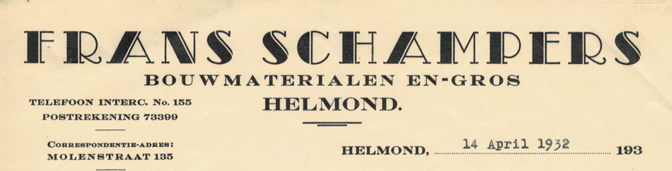 Frans Schampers, bouwmaterialen, Helmond, brief uit 1932