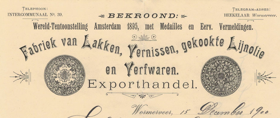 Jb Heekelaar & Zoon, Wormerveer, fabriek van verwaren etc., nota uit 1900