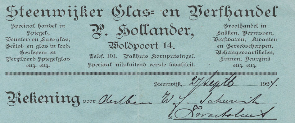 P.Hollander, Steenwijker Glas- en Verfhandel, rekening uit 1924