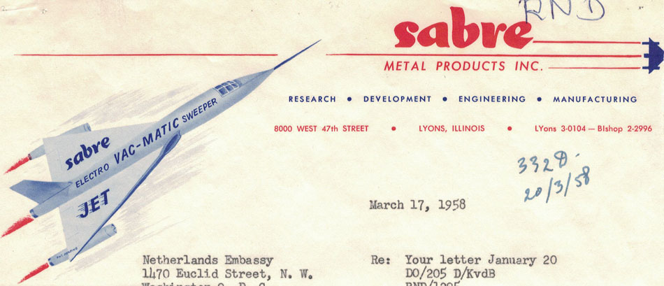 Sabre metal products Inc., brief uit 1958