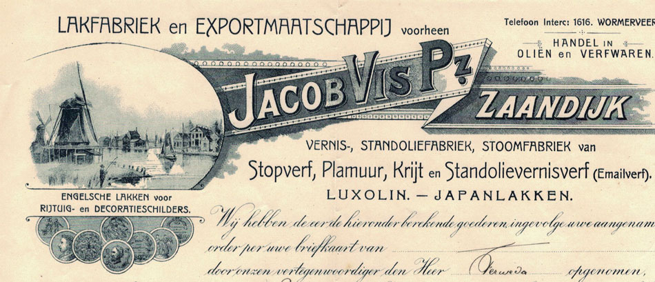 Jacob Vis Pz., Zaandijk, Lakfabriek en exportmij, rekening uit 1917