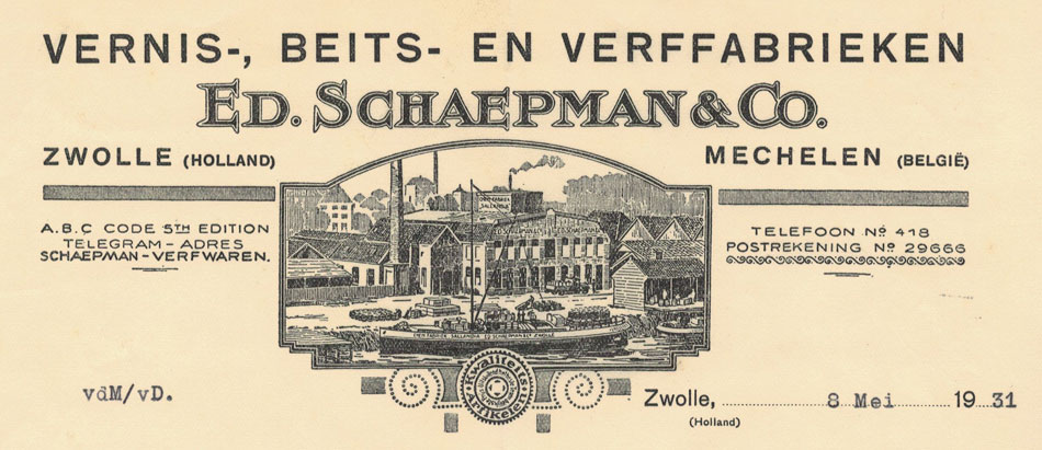 Ed Schaepman & Co, Zwolle, verffabrieken, briefhoofd uit 1931