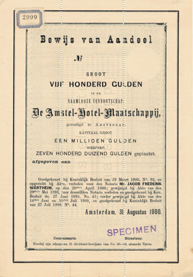 aandeel Amstel Hotel, Amsterdam, 1900