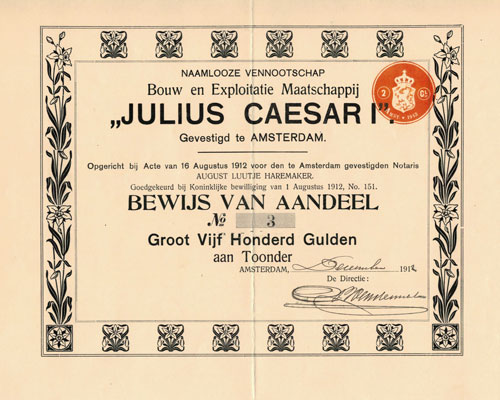 Bouw- en Exploitatie Maatschappij "Caesar l", aandeel, Amsterdam 1912