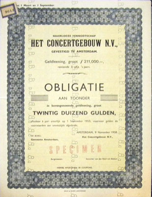 Het Concertgebouw N.V., specimen obligatie uit 1938