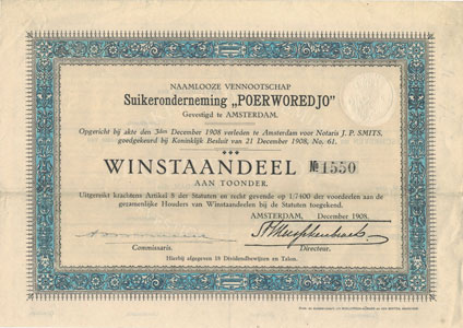 Winstaandeel uit 1908 van de Suikeronderneming Poerworedjo op Java