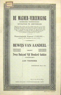 De Wagner-vereeniging, specimen aandeel uit 1932
