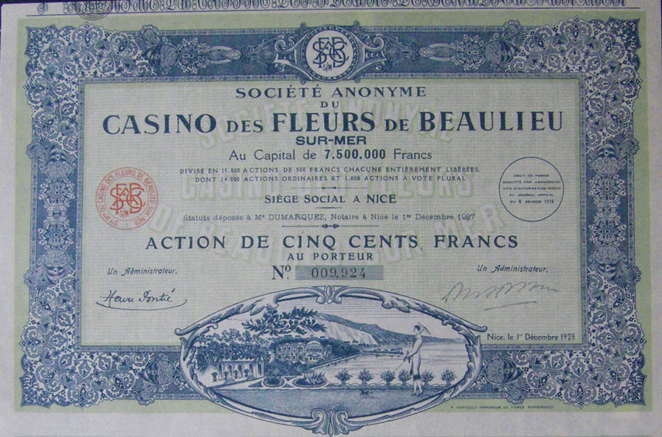 Casino des Fleurs de Beaulieu sur-mer, Action de 500 francs