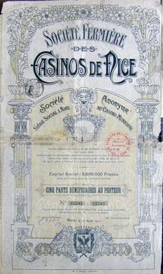 Casinos de Nice, 5 parts beneficiaires au porteur, 1910