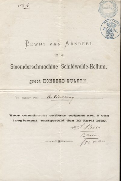 Stoomdorsmachine Scchildwolde-Hellum, aandeel uit 1899