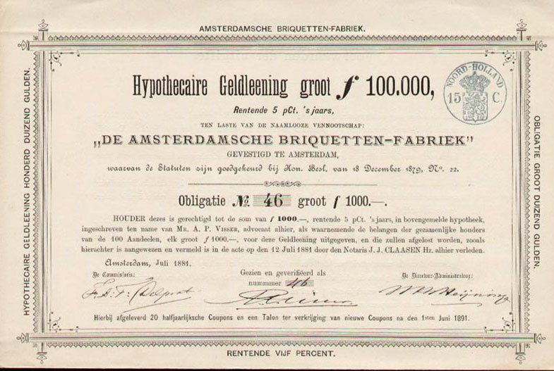 de Amsterdamsche Briquettenfabriek, aandeel uit 1891
