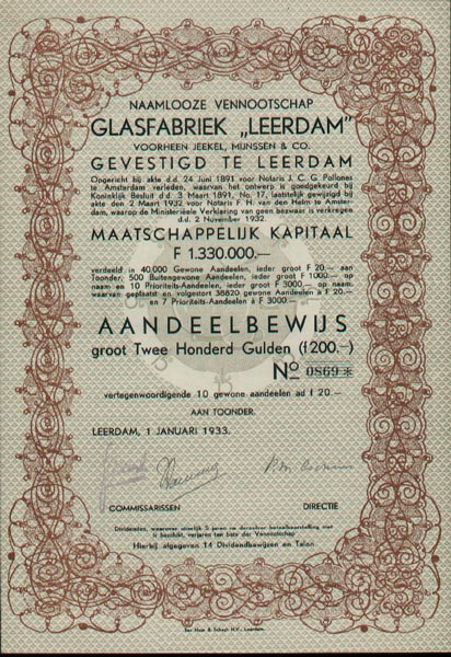 glasfabriek "Leerdam", historisch aandeel met patroon van glazen