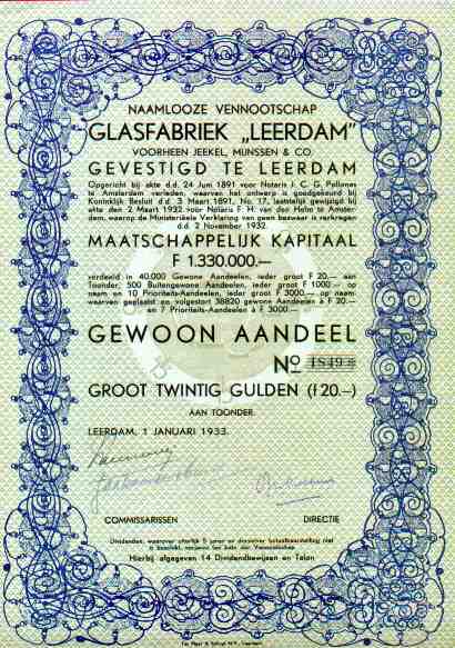 Glasfabriek "Leerdam", historisch aandeel met patroon van glazen