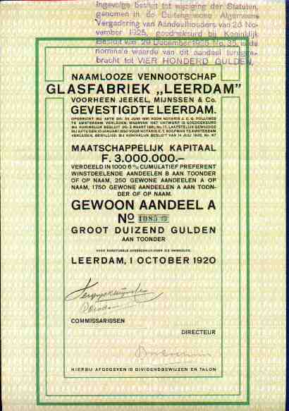 Glasfabriek Leerdam, aandeel uit 1920