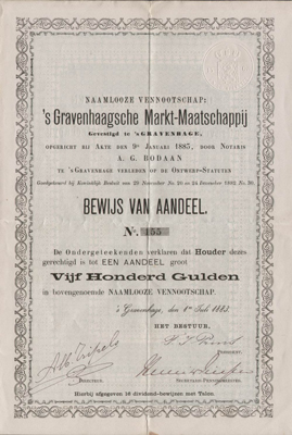 aandeel 's Gravenhaagsche Markt-Maatschappij, 1883