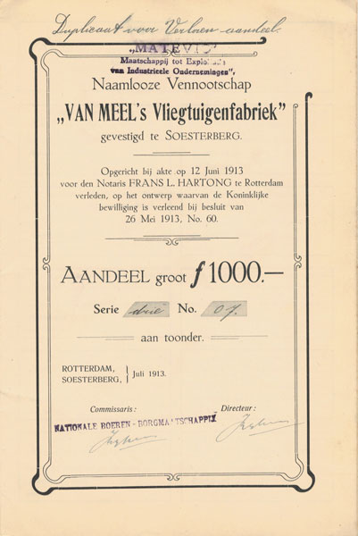 aandeel in Van Meel's Vliegtuigenfabriek, Soesterberg / Rotterdam, 1913