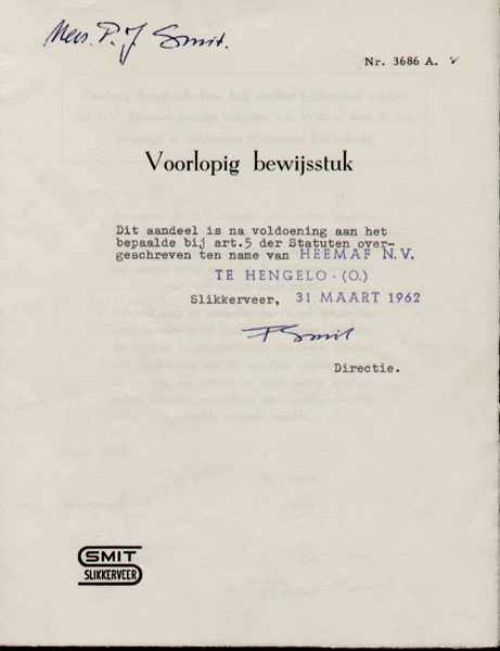 Willem Smit en Co. voorlopig half aandeel uit 1962