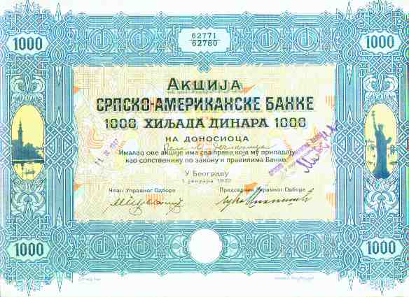 share certificate of the Serbian -American Bank, 1922