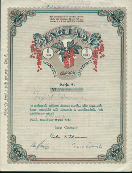 Marja O.Y. share certificate with illustration of berries
