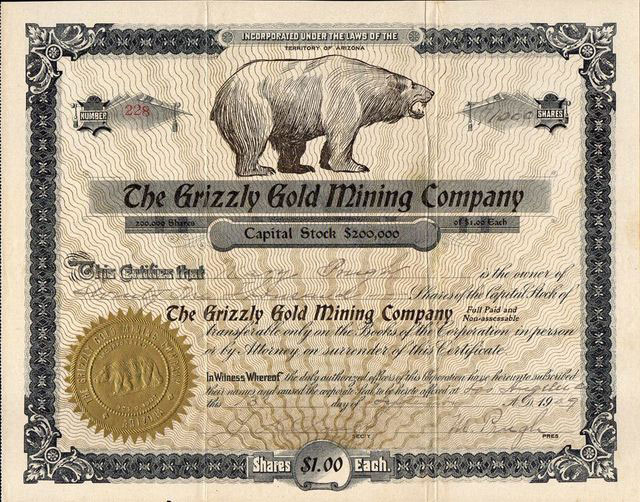 Grizzly Goldmining Co. share certificate, 1908, Arizona (USA)
