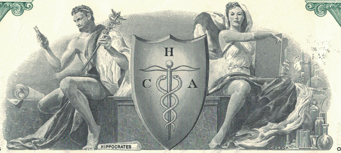 Engraving of Hippocrates on certificate of Hospital Corporation of America